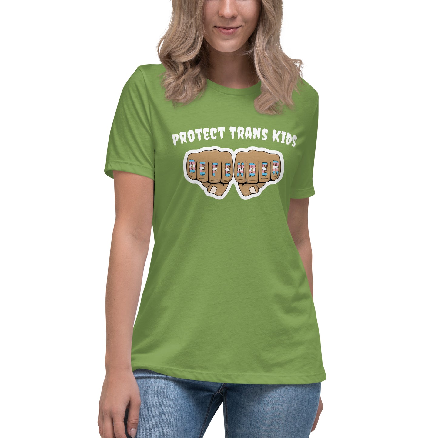 A standard, round neck, short sleeve t-shirt in lime green with the text "protect trans kids" in white lettering above an image of fists with "defender" written across the knuckles in blue,pink, and white. The shirt is on a white, straight sized model standing against a white background.